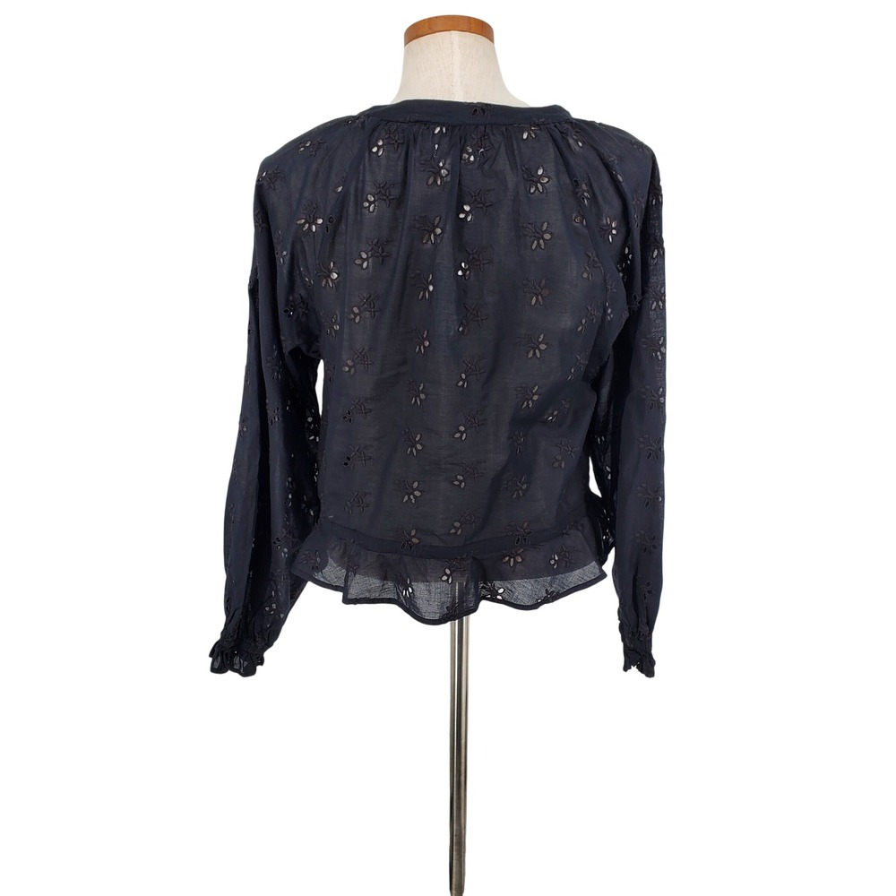 Outerknown Poet Blouse Women Large Black 100% Organic Cotton Eyelet Button Front - Picture 3 of 8